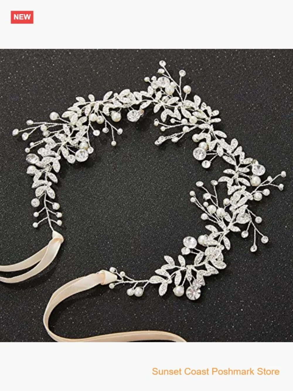Crystal Bridal Headpiece Silver Wedding Headband Pearl Hair Vine Rhinestone - Picture 6 of 6